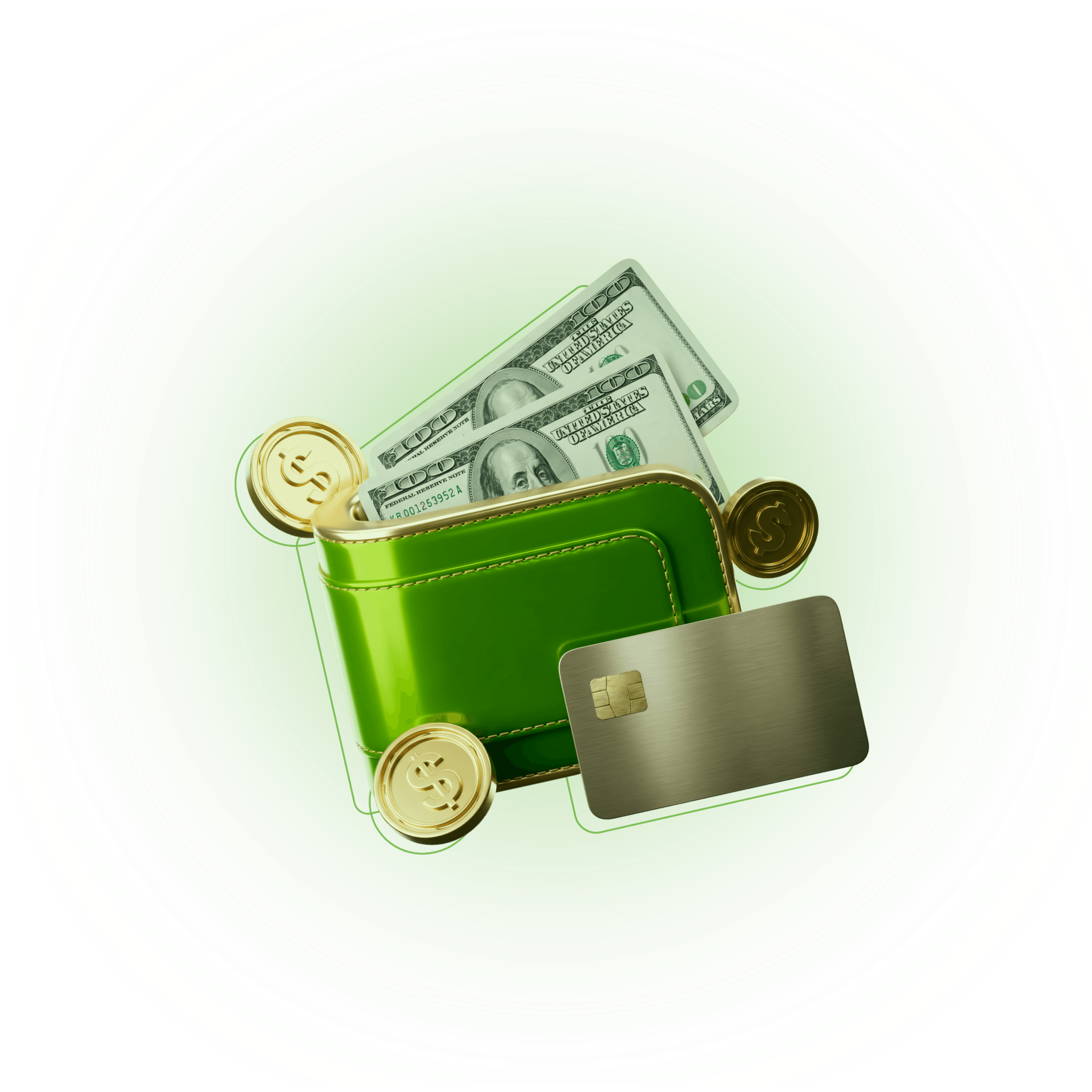 Wallet with cash, coins, and a card representing CXM Earn rewards